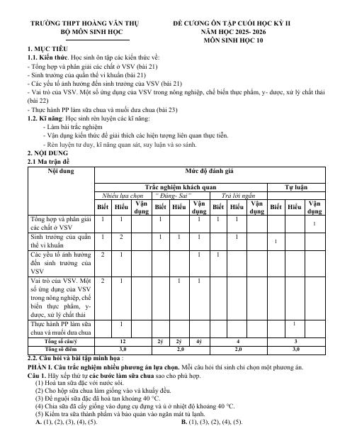 Đề cương ôn tập Học kì 2 Sinh học 10 năm 2025–2026 trường THPT Hoàng Văn Thụ (Hà Nội)